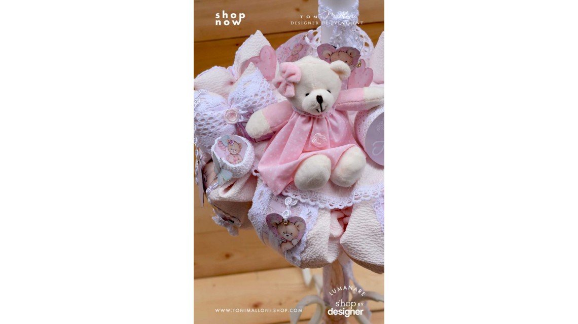 Lumanare de botez cu ursuleti roz, dantela roz si pattern floral cu trandafiri Teddy Bear Pink 5